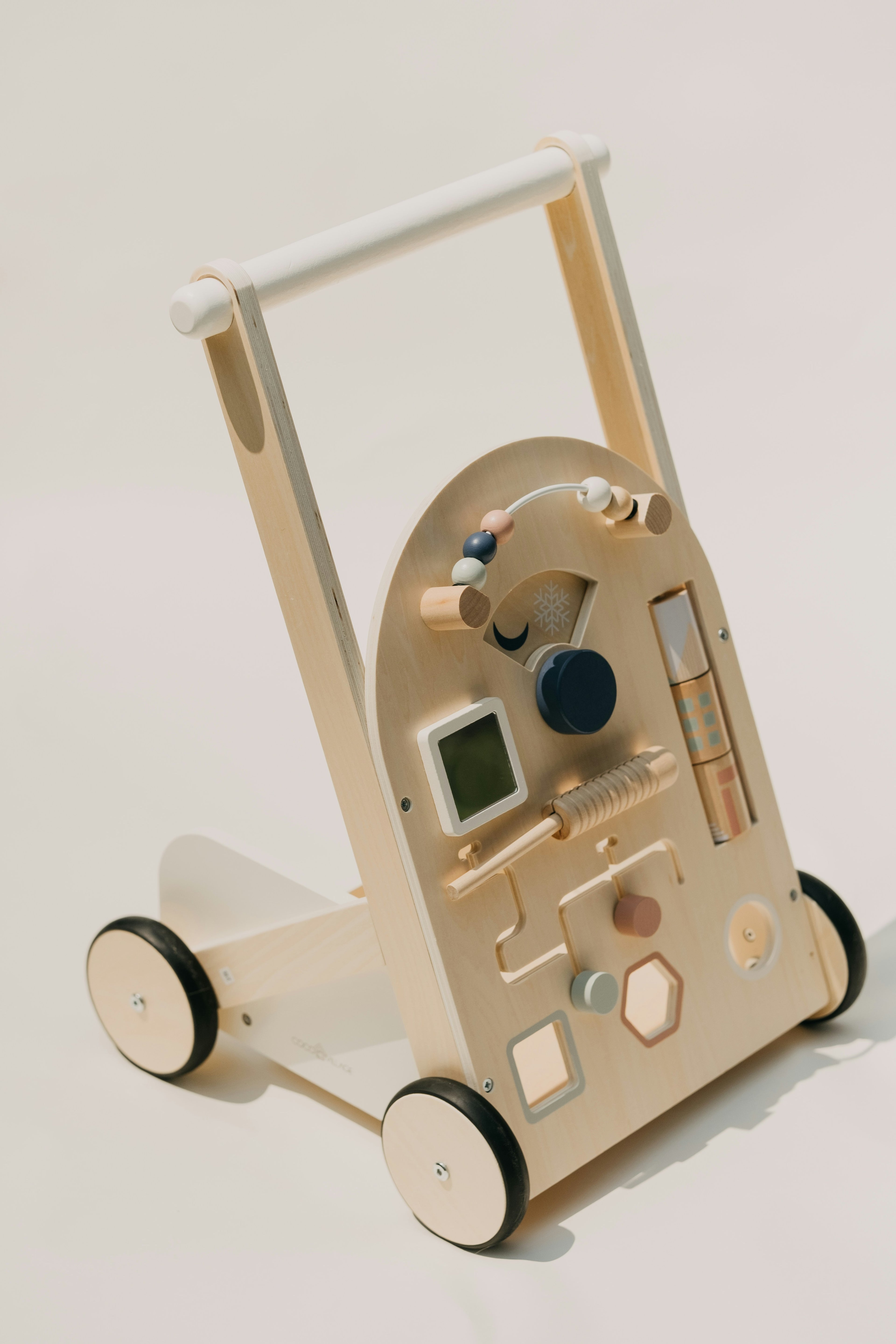 Wooden push walker in solid maple with activity panel