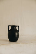 Small matte black amphora vase with two handles