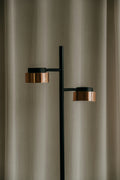 Modern floor lamp with two warm-light brass discs on a slim black frame